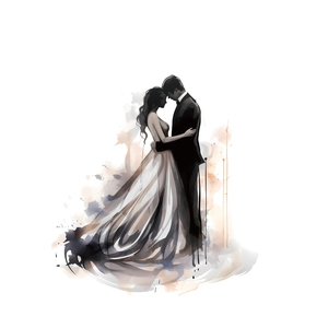 Minimalist watercolor wall decal of a wedding couple embracing for bedroom decor