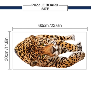 Detail view of leopard puzzle board dimensions 60cm by 30cm showing accurate size specs