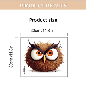 Detail view of cartoon owl toilet sticker showing product size 30cm x 30cm in detail