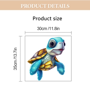 Detailed view showing a 3D cartoon turtle wall sticker with 35cm x 30cm dimensions