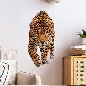 Close-up of 3D leopard wall sticker with detailed fur texture and sharp pouncing eyes