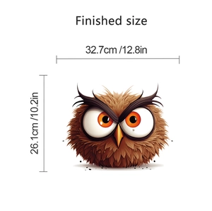 Detailed view of owl toilet sticker with plush texture and precise size measurements