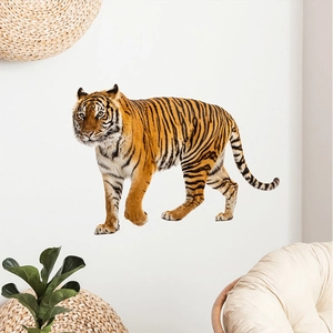 Realistic walking tiger wall decal sticker applied on a clean white wall in a modern living room