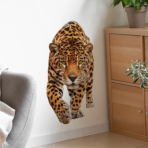 Detail view of 3D realistic leopard wall sticker showing sharp texture on living room wall