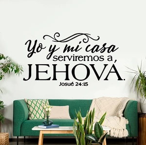 Detail of Spanish Bible verse wall decal Josué 24:15 above a green fabric sofa in living room