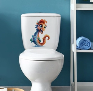 Sticker de toilette hippocampe de dessin animé sur un réservoir blanc dans une salle de bain