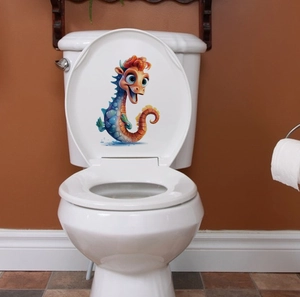 Détail de l'autocollant hippocampe 3D sur un couvercle de toilette blanc dans la salle de bain