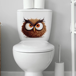 Funny cartoon owl toilet sticker decor on a white tank for bathroom beautification