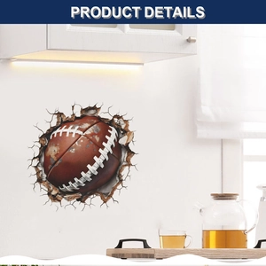 Macro detail of 3D American football wall decal with realistic cracked wall effect