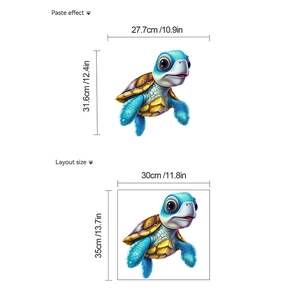 3D cartoon sea turtle wall sticker for bathroom decor with layout and paste size details