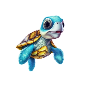 3D cartoon sea turtle wall sticker with blue skin and detailed scales for bathroom decor