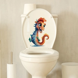 Sticker 3D hippocampe de dessin animé bleu et orange sur abattant de WC blanc