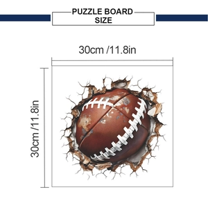Detailed size chart showing the 30cm square 3D rugby football broken wall wall sticker