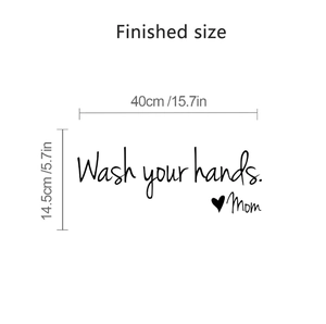Detail of Wash your hands Mom vinyl wall decal showing 40cm dimensions and script design