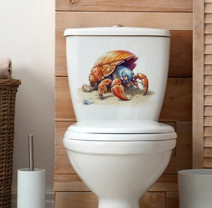 Detailed realistic hermit crab waterproof sticker applied on a white toilet tank