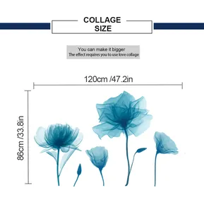 Tableau de dimensions détaillé pour stickers muraux fleurs bleues de 120cm sur 86cm