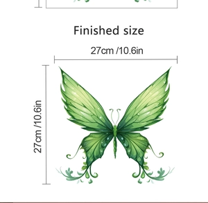 Dimensions détaillées du sticker papillon vert montrant la taille de 27cm et vignes
