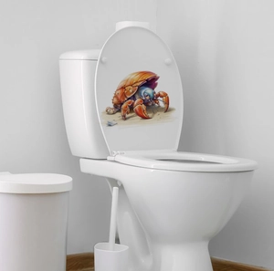 Detailed 3D crab sticker application on white toilet cover in bright modern bathroom