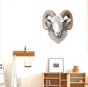 Artistic ram head wall sculpture with white geometric carving and realistic brown horns
