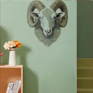 Detailed retro ram head wall sculpture featuring intricate mandala patterns and spiraled horns