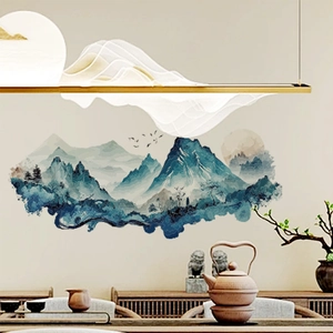 Moderne Chinese Inkt Landschap Muursticker Blauwe Bergen Vogels Maan PVC Zelfklevende Muursticker Voor Woonkamer Huis Decoratie