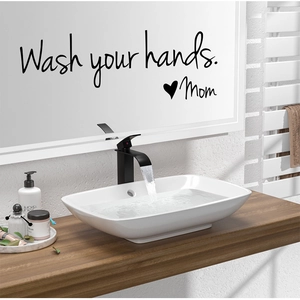 Modern black 'Wash your hands' wall sticker for bathroom mirror decoration with heart motif