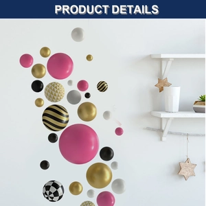 Close-up of assorted colorful 3D decorative wall spheres in various sizes and patterns
