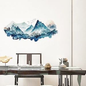 Muursticker met Chinees inktlandschap en bergen voor woonkamer decoratie