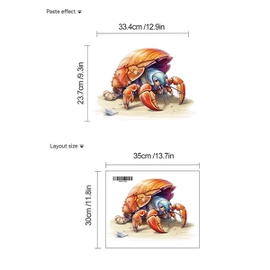 Cartoon crab waterproof toilet sticker size guide showing paste effect and layout dimensions