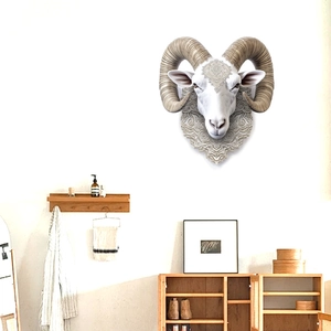 White ram head wall decor with brown horns and geometric patterns for home living room