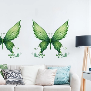 Stickers muraux papillons verts avec motifs de feuilles dans un salon nordique moderne