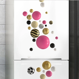 Detailed view of 3D geometric colorful sphere wall stickers on a white refrigerator surface