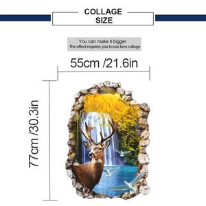 Detail view of 3D landscape wall sticker showing elk and forest waterfall dimensions