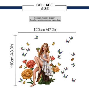 Detailed size layout of fairy and rose wall decals with 120cm x 110cm measurements