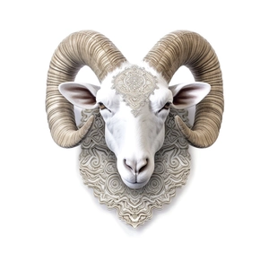 White ram head wall decor with intricate mandala carvings and spiral horns for home