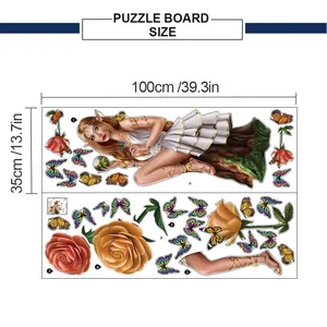 Detailed size chart showing fantasy elf wall sticker with roses and butterflies 100x35cm