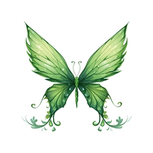 Sticker mural fée papillon vert avec motifs de nervures et décorations de vignes
