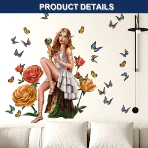 Detail of floral wall sticker featuring elegant girl with roses and colorful butterflies