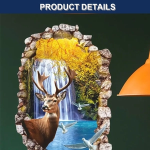 Detail of 3D forest wall sticker featuring a deer and waterfall on a green wall background