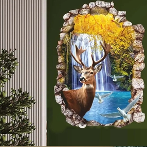 Macro detail of 3D elk landscape wall sticker with realistic rocky mountain waterfall effect