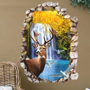 Detail of 3D cracked wall sticker showing a majestic elk by a waterfall and golden autumn leaves