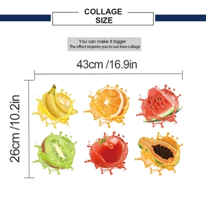 Detailed dimensions for fruit wall stickers set showing size in cm and inches