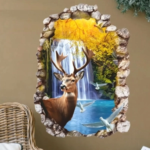 3D wall sticker featuring elk and landscape with a waterfall and autumn trees