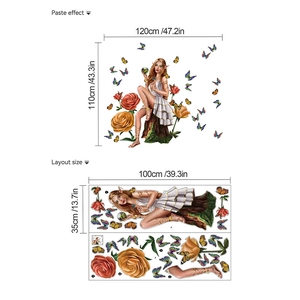 Fairy girl and rose butterfly wall sticker set showing paste effect and layout size