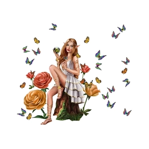 Fantasy wall stickers featuring elf girl with red roses and colorful butterflies
