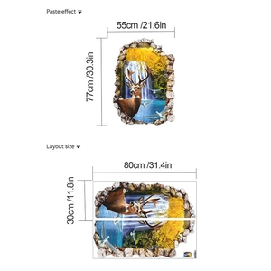3D wall sticker with deer and golden forest landscape for living room decoration
