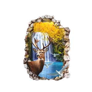3D elk wall decal with waterfall forest landscape in broken wall design for living room deco