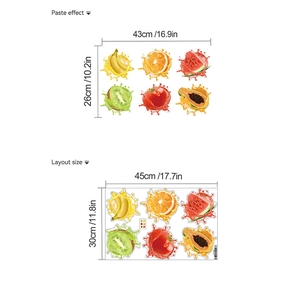 Cartoon fruit wall stickers with splashing water effect and size layout dimensions