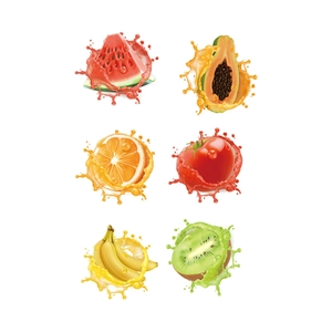 Vibrant cartoon fruit wall stickers with fresh juice splash effect for kitchen decor