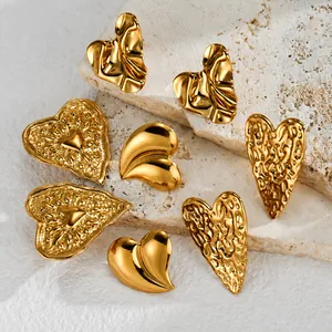 French Retro Stainless Steel Wrinkled Texture Heart Stud Earrings For Women Artistic Tassel Earrings Gold Fashion Jewelry Ring